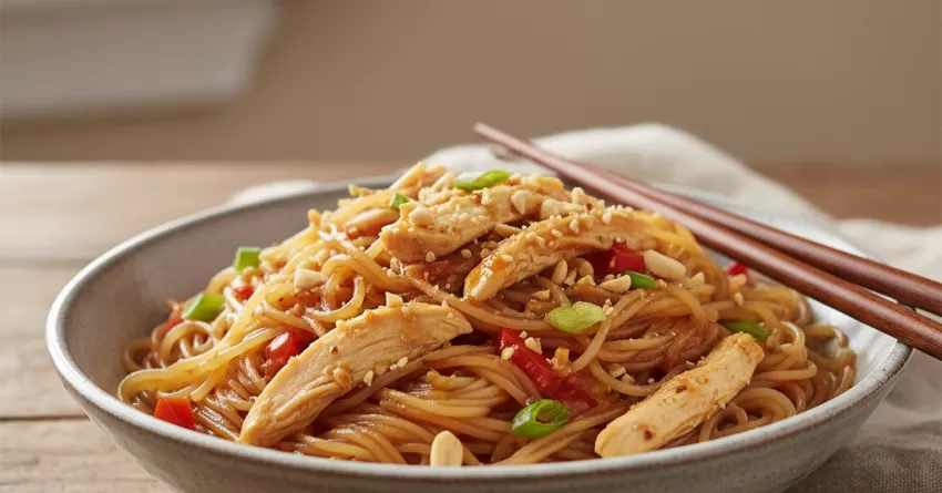 Macarrão de arroz com frango agridoce